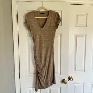 Black Halo Tan & Gray Striped Ruched V-Neck Bodycon Midi Dress